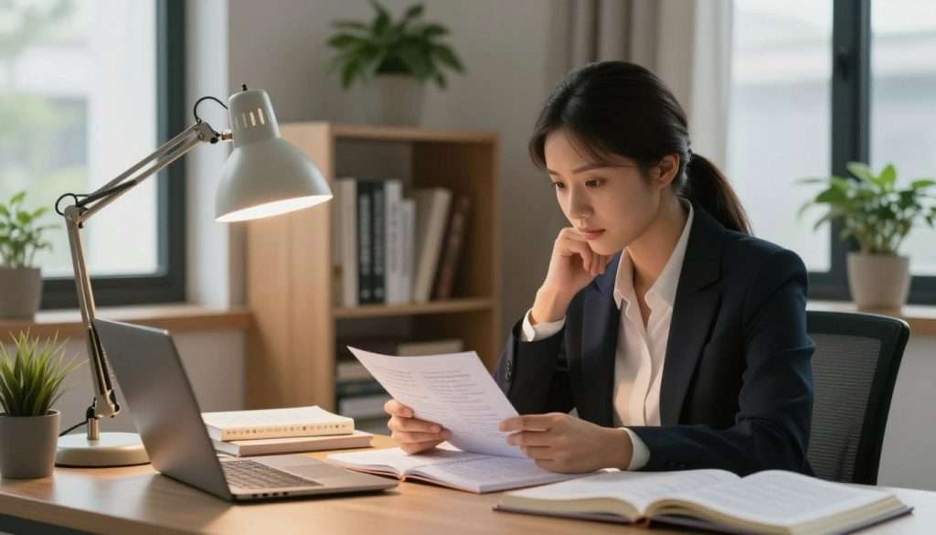 A focused study workspace featuring a young woman in professional attire, seated at a neatly organized desk with open books and notebooks scattered around. She has a look of deep concentration, lightly resting her chin on her hand while examining a page with key ideas highlighted. In the foreground, a warm desk lamp casts a soft glow, illuminating her face and creating gentle shadows that enhance the atmosphere of concentration. In the middle, shelves filled with neatly stacked reference books and plants add a touch of life to the scene. The background features a cozy study with a large window allowing natural light to filter in, creating a serene and motivational environment. The overall mood is calm and focused, promoting the idea of effective study concentration. A focused study workspace featuring a young woman in professional attire, seated at a neatly organized desk with open books and notebooks scattered around. She has a look of deep concentration, lightly resting her chin on her hand while examining a page with key ideas highlighted. In the foreground, a warm desk lamp casts a soft glow, illuminating her face and creating gentle shadows that enhance the atmosphere of concentration. In the middle, shelves filled with neatly stacked reference books and plants add a touch of life to the scene. The background features a cozy study with a large window allowing natural light to filter in, creating a serene and motivational environment. The overall mood is calm and focused, promoting the idea of effective study concentration.