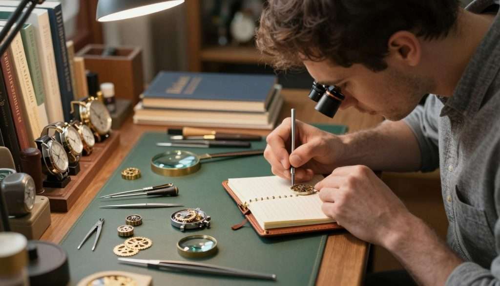 A focused, well-organized workbench in the foreground, featuring an array of delicate watchmaker's tools—screwdrivers, tweezers, and magnifying glasses. A skilled artisan, dressed in modest, professional attire, meticulously documents their progress in a leather-bound notebook while inspecting intricate watch components through a loupe. In the middle, glimmers of polished watch gears reflect soft, warm lighting that highlights the craftsmanship. The background showcases shelves lined with classic timepieces and technical books, suggesting a dedicated workspace for mastering new skills. The overall mood is one of diligence and precision, capturing the essence of technical rigor, illuminated by gentle morning light that creates an inspiring atmosphere for learning and progress. A focused, well-organized workbench in the foreground, featuring an array of delicate watchmaker's tools—screwdrivers, tweezers, and magnifying glasses. A skilled artisan, dressed in modest, professional attire, meticulously documents their progress in a leather-bound notebook while inspecting intricate watch components through a loupe. In the middle, glimmers of polished watch gears reflect soft, warm lighting that highlights the craftsmanship. The background showcases shelves lined with classic timepieces and technical books, suggesting a dedicated workspace for mastering new skills. The overall mood is one of diligence and precision, capturing the essence of technical rigor, illuminated by gentle morning light that creates an inspiring atmosphere for learning and progress.