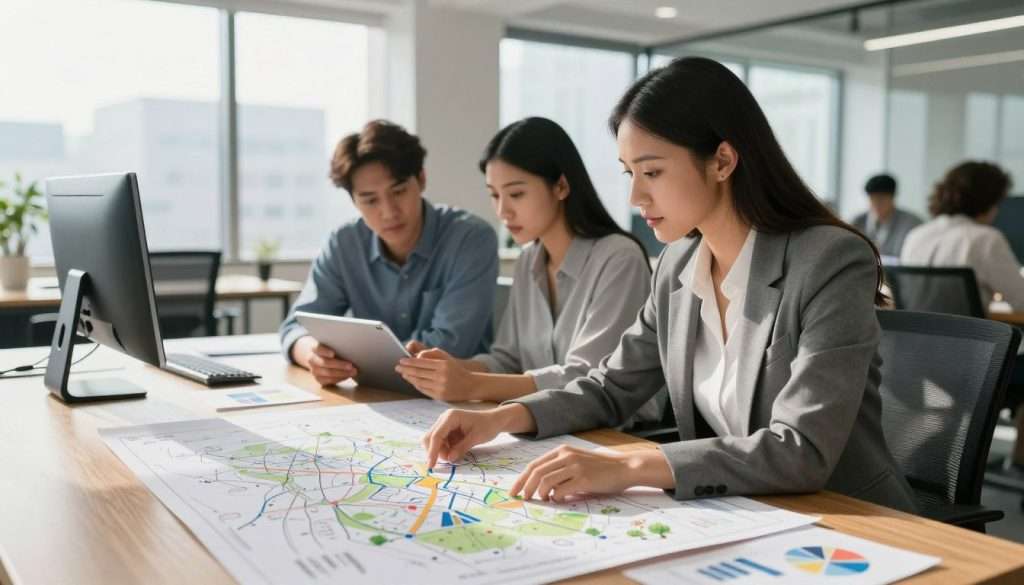 A focused workspace depicting a professional, diverse team of individuals engaged in strategic planning. In the foreground, a confident woman in business attire examines a large strategic map laid out on the wooden table, surrounded by charts and graphs. In the middle, two colleagues, one male and one female, collaborate on a digital tablet, their expressions reflect concentration and creativity. The background shows a bright, modern office with large windows allowing natural light to flood in, casting soft shadows. The atmosphere is one of collaboration and innovation, suggesting a blend of critical and strategic thinking. The lens is slightly wide-angle to capture the entire scene, emphasizing teamwork and engagement in the space. A focused workspace depicting a professional, diverse team of individuals engaged in strategic planning. In the foreground, a confident woman in business attire examines a large strategic map laid out on the wooden table, surrounded by charts and graphs. In the middle, two colleagues, one male and one female, collaborate on a digital tablet, their expressions reflect concentration and creativity. The background shows a bright, modern office with large windows allowing natural light to flood in, casting soft shadows. The atmosphere is one of collaboration and innovation, suggesting a blend of critical and strategic thinking. The lens is slightly wide-angle to capture the entire scene, emphasizing teamwork and engagement in the space.