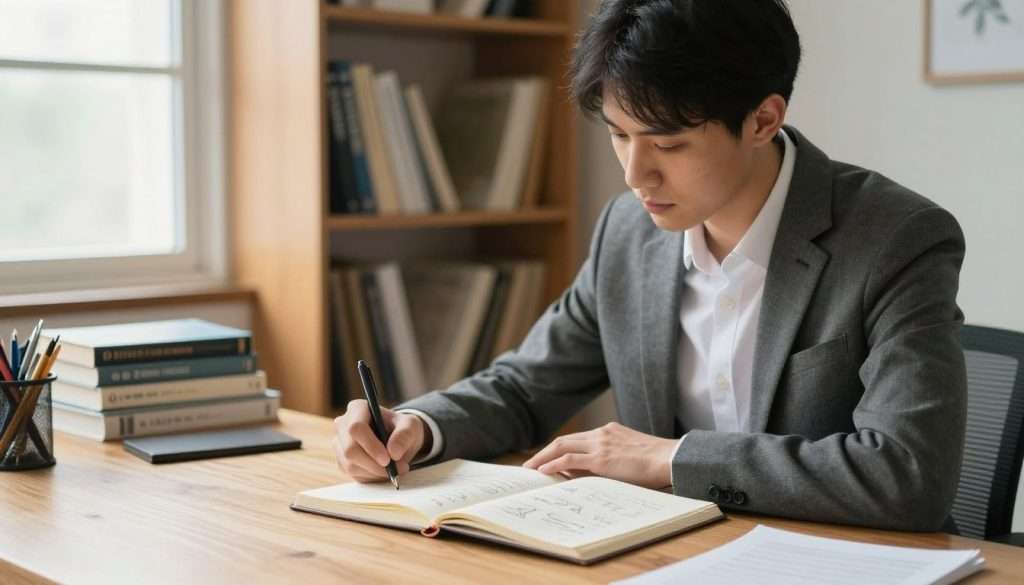 A focused young adult, dressed in professional business attire, sits at a wooden desk surrounded by various learning tools. In the foreground, an open notebook filled with neatly organized notes and sketches reflects the dedication to foundational practice. The middle ground shows a bookshelf filled with classic textbooks and resources on skill development, illuminated by soft, warm lighting that creates a cozy study atmosphere. In the background, a large window allows natural light to stream in, contributing to a sense of clarity and introspection. The scene conveys a mood of determination and patience, emphasizing the value of embracing monotonous, repetitive tasks essential for mastery. A slight depth of field with a neutral color palette enhances the focus on the learner's commitment to their craft. A focused young adult, dressed in professional business attire, sits at a wooden desk surrounded by various learning tools. In the foreground, an open notebook filled with neatly organized notes and sketches reflects the dedication to foundational practice. The middle ground shows a bookshelf filled with classic textbooks and resources on skill development, illuminated by soft, warm lighting that creates a cozy study atmosphere. In the background, a large window allows natural light to stream in, contributing to a sense of clarity and introspection. The scene conveys a mood of determination and patience, emphasizing the value of embracing monotonous, repetitive tasks essential for mastery. A slight depth of field with a neutral color palette enhances the focus on the learner's commitment to their craft.