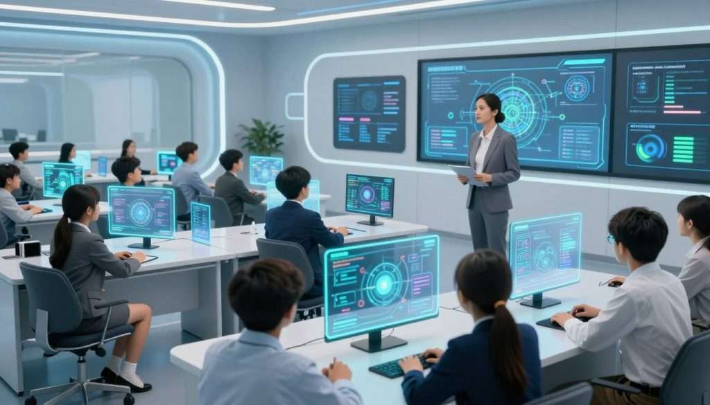 A futuristic classroom setting that showcases personalized learning and cognitive computing. In the foreground, a diverse group of students, dressed in professional business attire, interact with advanced holographic displays, engaging with personalized educational content. The middle scene features a teacher guiding students, using a digital interface that visualizes complex data and learning pathways. The background reveals sleek, high-tech walls with interactive screens featuring AI-driven analytics that adapt to each student's needs. The lighting is bright and inspiring, with a soft blue and green color palette creating a calm yet innovative atmosphere. The perspective is slightly elevated, providing a panoramic view of this dynamic educational environment, emphasizing collaboration and technology integration. A futuristic classroom setting that showcases personalized learning and cognitive computing. In the foreground, a diverse group of students, dressed in professional business attire, interact with advanced holographic displays, engaging with personalized educational content. The middle scene features a teacher guiding students, using a digital interface that visualizes complex data and learning pathways. The background reveals sleek, high-tech walls with interactive screens featuring AI-driven analytics that adapt to each student's needs. The lighting is bright and inspiring, with a soft blue and green color palette creating a calm yet innovative atmosphere. The perspective is slightly elevated, providing a panoramic view of this dynamic educational environment, emphasizing collaboration and technology integration.