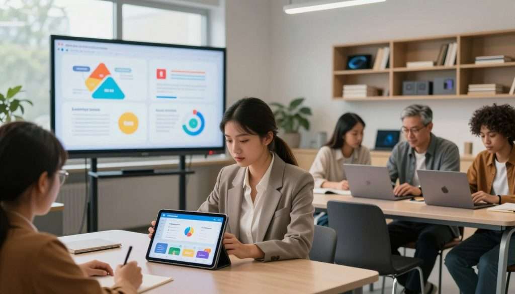 A futuristic classroom setting with diverse students engaged in various digital learning activities. In the foreground, a young woman wearing modest professional attire interacts with a tablet, exploring educational apps, while a middle-aged man in smart casual clothing collaborates with a laptop. In the middle ground, a large interactive whiteboard displays colorful graphics and infographics about learning strategies. The background showcases shelves filled with books and digital devices, creating a high-tech atmosphere. Soft, natural lighting filters through large windows, illuminating the space and enhancing the vibrant colors. The overall mood is focused and inspiring, capturing a sense of innovation and enthusiasm for learning in a modern educational environment. A futuristic classroom setting with diverse students engaged in various digital learning activities. In the foreground, a young woman wearing modest professional attire interacts with a tablet, exploring educational apps, while a middle-aged man in smart casual clothing collaborates with a laptop. In the middle ground, a large interactive whiteboard displays colorful graphics and infographics about learning strategies. The background showcases shelves filled with books and digital devices, creating a high-tech atmosphere. Soft, natural lighting filters through large windows, illuminating the space and enhancing the vibrant colors. The overall mood is focused and inspiring, capturing a sense of innovation and enthusiasm for learning in a modern educational environment.