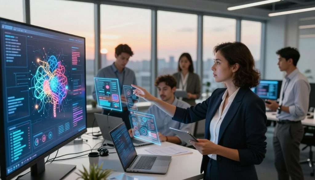 A futuristic office environment featuring a diverse team of professionals engaged in a collaborative brainstorming session. In the foreground, a confident woman in smart business attire gestures toward a large digital display showcasing vibrant visualizations of neural networks and data flow. The middle of the scene includes a mix of focused individuals interacting with holographic interfaces, analyzing complex algorithms, and leveraging AI tools to enhance their decision-making process. In the background, a panoramic window reveals a cityscape bathed in the warm glow of sunset, emphasizing innovation and progress. Soft, ambient lighting accentuates the technological elements while creating a harmonious and productive atmosphere. The camera angle is slightly elevated, providing a comprehensive view of teamwork and the integration of artificial intelligence in the workflow. A futuristic office environment featuring a diverse team of professionals engaged in a collaborative brainstorming session. In the foreground, a confident woman in smart business attire gestures toward a large digital display showcasing vibrant visualizations of neural networks and data flow. The middle of the scene includes a mix of focused individuals interacting with holographic interfaces, analyzing complex algorithms, and leveraging AI tools to enhance their decision-making process. In the background, a panoramic window reveals a cityscape bathed in the warm glow of sunset, emphasizing innovation and progress. Soft, ambient lighting accentuates the technological elements while creating a harmonious and productive atmosphere. The camera angle is slightly elevated, providing a comprehensive view of teamwork and the integration of artificial intelligence in the workflow.
