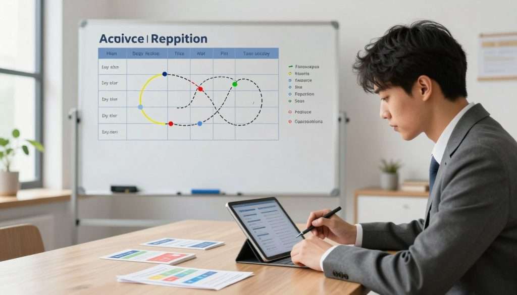 A modern and clean workspace depicting a student engaged in active recall and spaced repetition techniques for efficient learning. In the foreground, a focused individual in professional business attire is studying from a digital tablet, surrounded by flashcards and notes. In the middle, a large whiteboard displays a structured study plan with diagrams illustrating spaced repetition cycles. The background features a well-lit room with soft, natural daylight streaming through a window, creating a bright and inspiring atmosphere. The composition captures a sense of organization, motivation, and concentration, symbolizing the synergy between active recall and spaced repetition. The image should evoke a feeling of productivity and determination, conveyed through soft shadows and balanced colors. A modern and clean workspace depicting a student engaged in active recall and spaced repetition techniques for efficient learning. In the foreground, a focused individual in professional business attire is studying from a digital tablet, surrounded by flashcards and notes. In the middle, a large whiteboard displays a structured study plan with diagrams illustrating spaced repetition cycles. The background features a well-lit room with soft, natural daylight streaming through a window, creating a bright and inspiring atmosphere. The composition captures a sense of organization, motivation, and concentration, symbolizing the synergy between active recall and spaced repetition. The image should evoke a feeling of productivity and determination, conveyed through soft shadows and balanced colors.