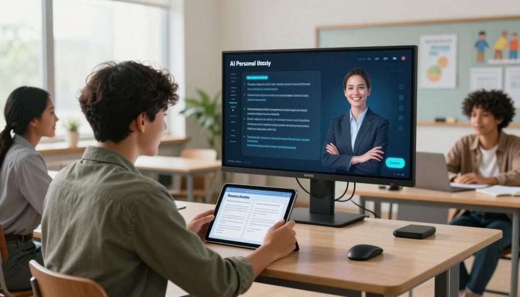 A modern classroom setting featuring a diverse group of students engaged in an interactive learning session with an AI personal tutor displayed on a sleek digital screen. In the foreground, a student wearing casual yet professional clothing is using a tablet, smiling as they review flash cards utilizing the spaced repetition technique. In the middle ground, the AI interface visually highlights key concepts and questions, creating an engaging atmosphere of active recall. In the background, soft, natural lighting filters through large windows, illuminating a bright and inviting learning environment decorated with educational posters. The mood is upbeat and focused, fostering a sense of collaboration and curiosity, perfect for enhancing personalized learning with technology. A modern classroom setting featuring a diverse group of students engaged in an interactive learning session with an AI personal tutor displayed on a sleek digital screen. In the foreground, a student wearing casual yet professional clothing is using a tablet, smiling as they review flash cards utilizing the spaced repetition technique. In the middle ground, the AI interface visually highlights key concepts and questions, creating an engaging atmosphere of active recall. In the background, soft, natural lighting filters through large windows, illuminating a bright and inviting learning environment decorated with educational posters. The mood is upbeat and focused, fostering a sense of collaboration and curiosity, perfect for enhancing personalized learning with technology.