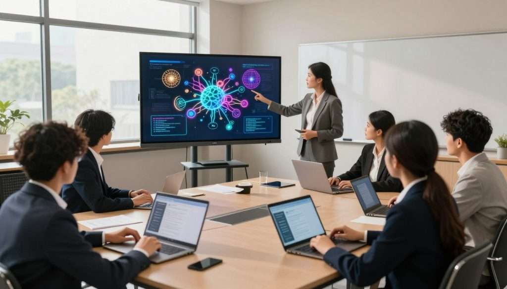 A modern classroom setting filled with soft, natural light filtering through large windows. In the foreground, a diverse group of students, dressed in professional business attire, actively engages with tablets and laptops displaying various AI learning tools. In the middle, a virtual screen projects an interactive visualization of neural networks and algorithms in vibrant colors, illustrating advanced techniques in deep learning. In the background, a knowledgeable instructor, also in professional attire, guides the students, pointing towards the screen, creating a sense of collaboration and mentorship. The warm color palette and organized layout evoke an atmosphere of innovation and inspiration, highlighting the transformative power of AI in personalized education. The composition is captured with a wide-angle lens to emphasize the dynamic learning environment. A modern classroom setting filled with soft, natural light filtering through large windows. In the foreground, a diverse group of students, dressed in professional business attire, actively engages with tablets and laptops displaying various AI learning tools. In the middle, a virtual screen projects an interactive visualization of neural networks and algorithms in vibrant colors, illustrating advanced techniques in deep learning. In the background, a knowledgeable instructor, also in professional attire, guides the students, pointing towards the screen, creating a sense of collaboration and mentorship. The warm color palette and organized layout evoke an atmosphere of innovation and inspiration, highlighting the transformative power of AI in personalized education. The composition is captured with a wide-angle lens to emphasize the dynamic learning environment.