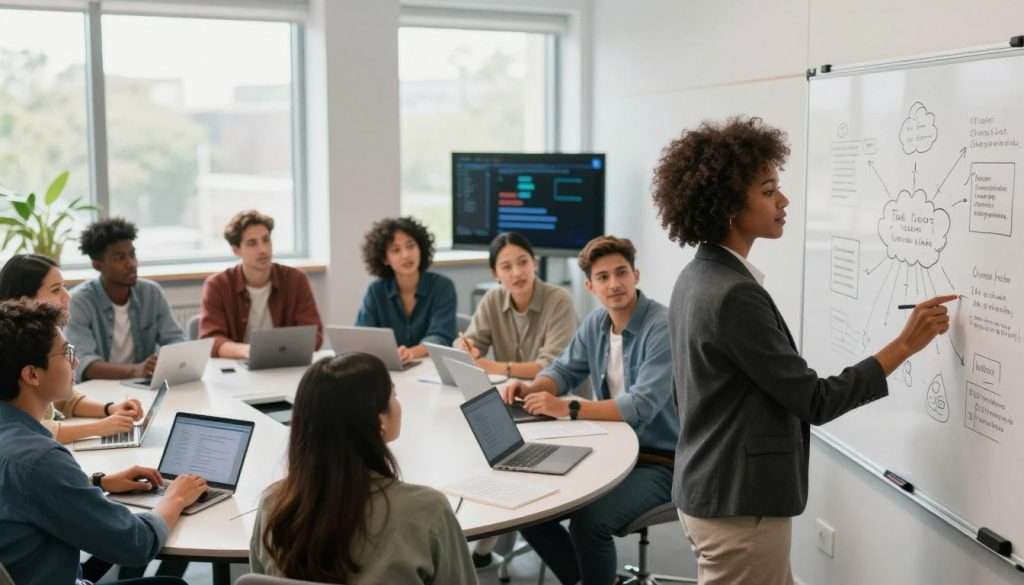 A modern classroom setting highlighting a diverse group of learners engaged in deep, collaborative discussions. In the foreground, a young Black woman in professional attire leads a brainstorming session with a diverse team, using a digital whiteboard filled with concepts and mind maps. In the middle, various learners, including a Hispanic man and an Asian woman, are seated at circular tables, actively participating and sharing ideas, surrounded by educational technology like tablets and interactive screens. The background features large windows with soft, natural daylight streaming in, creating a bright and open atmosphere. The overall mood is dynamic and focused, emphasizing teamwork and innovative thinking, with a slight vignette effect to draw attention to the learners. A modern classroom setting highlighting a diverse group of learners engaged in deep, collaborative discussions. In the foreground, a young Black woman in professional attire leads a brainstorming session with a diverse team, using a digital whiteboard filled with concepts and mind maps. In the middle, various learners, including a Hispanic man and an Asian woman, are seated at circular tables, actively participating and sharing ideas, surrounded by educational technology like tablets and interactive screens. The background features large windows with soft, natural daylight streaming in, creating a bright and open atmosphere. The overall mood is dynamic and focused, emphasizing teamwork and innovative thinking, with a slight vignette effect to draw attention to the learners.
