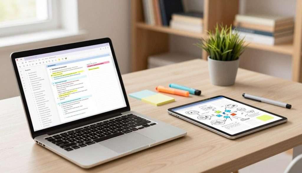 A modern digital note-taking setup emphasizing organization and clarity. In the foreground, a sleek laptop is open with a vibrant screen displaying neatly arranged notes, highlighted text, and colorful tags. Beside it, a tablet shows a digital notepad filled with sketches and mind maps. In the middle ground, a stylish, minimalist desk features a light-colored wood surface, adorned with highlighters, sticky notes in pastel colors, and a potted plant. The background includes a softly blurred bookshelf with neatly organized books and a window allowing warm, natural light to filter in, creating a bright and inviting atmosphere. The mood is focused and productive, reflecting the essence of effective information capture in a learning environment. Angled slightly from above to capture depth and detail.
