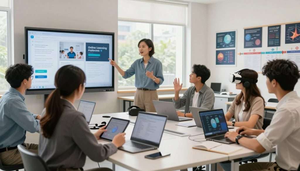 A modern, engaging educational technology scene, showcasing a diverse group of students and a teacher collaborating in a bright, well-lit classroom. In the foreground, a focused female student in professional attire uses a tablet, while a male student nearby interacts with a large interactive touchscreen display. In the middle, a teacher gestures enthusiastically, guiding a discussion about online learning platforms, surrounded by various digital resources like laptops and virtual reality headsets. The background features a large window letting in natural light, creating a warm atmosphere, with posters of scientific concepts and digital timelines on the walls. The image captures a sense of excitement and innovation in learning, highlighting the integration of technology in education.