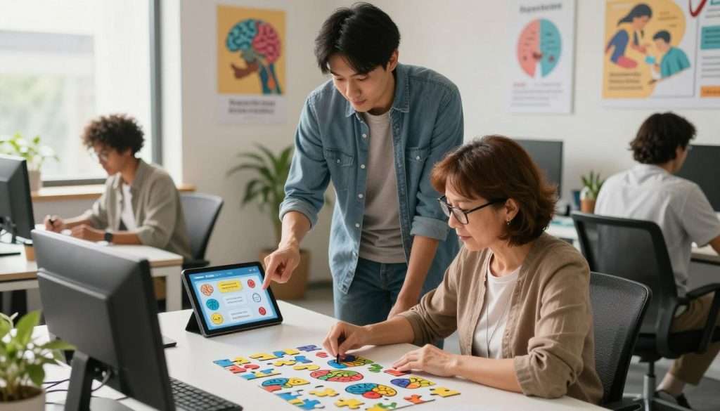 A modern office environment showcasing a diverse group of three people engaged in cognitive training exercises. In the foreground, a middle-aged woman with short brown hair and glasses sits at a desk, focused on solving a complex puzzle. The middle layer features a young man of Asian descent standing beside her, pointing to a digital tablet displaying brain-training apps. The background reveals a large window with natural light streaming in, illuminating motivational posters about neuroplasticity. The atmosphere is vibrant and energetic, promoting a sense of learning and engagement. Use soft, warm lighting and a slightly elevated angle to capture the dynamic interactions, while maintaining a professional and inviting mood throughout the scene. A modern office environment showcasing a diverse group of three people engaged in cognitive training exercises. In the foreground, a middle-aged woman with short brown hair and glasses sits at a desk, focused on solving a complex puzzle. The middle layer features a young man of Asian descent standing beside her, pointing to a digital tablet displaying brain-training apps. The background reveals a large window with natural light streaming in, illuminating motivational posters about neuroplasticity. The atmosphere is vibrant and energetic, promoting a sense of learning and engagement. Use soft, warm lighting and a slightly elevated angle to capture the dynamic interactions, while maintaining a professional and inviting mood throughout the scene.