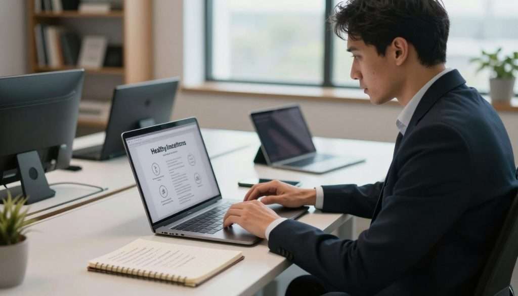 A modern office setting with a person seated at a sleek desk, focused intently on a laptop screen, displaying healthy concentration techniques. Foreground features a clear view of the individual, dressed in professional business attire, with a determined expression. Their workspace is organized, with minimal clutter, showcasing a notepad with handwritten notes on focus strategies. In the middle ground, various digital devices like a smartphone and tablet are strategically placed, subtly indicating the potential distractions being managed. The background includes soft-focus bookshelves filled with self-improvement literature, and a large window letting in serene natural light, creating a calming atmosphere. The overall mood is one of tranquility and determination, emphasizing the theme of managing digital distractions effectively. A modern office setting with a person seated at a sleek desk, focused intently on a laptop screen, displaying healthy concentration techniques. Foreground features a clear view of the individual, dressed in professional business attire, with a determined expression. Their workspace is organized, with minimal clutter, showcasing a notepad with handwritten notes on focus strategies. In the middle ground, various digital devices like a smartphone and tablet are strategically placed, subtly indicating the potential distractions being managed. The background includes soft-focus bookshelves filled with self-improvement literature, and a large window letting in serene natural light, creating a calming atmosphere. The overall mood is one of tranquility and determination, emphasizing the theme of managing digital distractions effectively.
