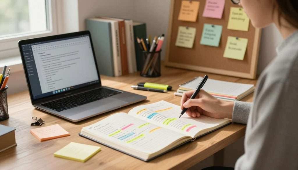 A modern, organized study space featuring an open notebook filled with neatly written notes and colorful highlighted sections. In the foreground, a person in business casual attire is actively writing with a pen, surrounded by sticky notes and a laptop displaying a digital note-taking app. The middle ground showcases a wooden desk with various stationery items like highlighters, paper clips, and a corkboard filled with reminders and inspirational quotes. In the background, there are shelves lined with neatly arranged books and a warm, inviting window letting in soft, natural light, casting gentle shadows across the scene. The atmosphere is calm and focused, reflecting an effective study environment that encourages productivity and organization. A modern, organized study space featuring an open notebook filled with neatly written notes and colorful highlighted sections. In the foreground, a person in business casual attire is actively writing with a pen, surrounded by sticky notes and a laptop displaying a digital note-taking app. The middle ground showcases a wooden desk with various stationery items like highlighters, paper clips, and a corkboard filled with reminders and inspirational quotes. In the background, there are shelves lined with neatly arranged books and a warm, inviting window letting in soft, natural light, casting gentle shadows across the scene. The atmosphere is calm and focused, reflecting an effective study environment that encourages productivity and organization.