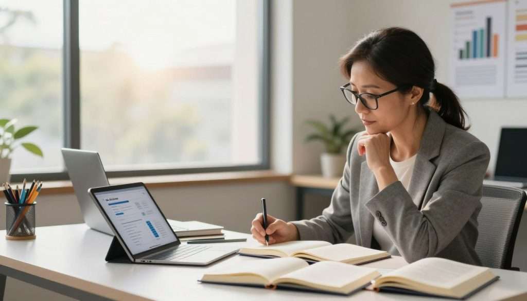 A modern, professional workspace featuring a person in business attire focused on curating a knowledge base. In the foreground, a sleek desk filled with open notebooks, books, and digital devices, such as a tablet displaying AI-driven learning analytics. The individual, a middle-aged woman with glasses, is engaging thoughtfully with her materials, highlighting the balance between technology and personal effort. In the middle ground, a large window reveals a bright, sunny day, casting soft light into the room, emphasizing a warm, productive atmosphere. The background is decorated with inspirational posters about learning and growth, subtly reinforcing the theme of self-directed education. The overall mood is one of empowerment and intellectual curiosity, showcasing how to blend AI tools with personal initiative for effective learning. A modern, professional workspace featuring a person in business attire focused on curating a knowledge base. In the foreground, a sleek desk filled with open notebooks, books, and digital devices, such as a tablet displaying AI-driven learning analytics. The individual, a middle-aged woman with glasses, is engaging thoughtfully with her materials, highlighting the balance between technology and personal effort. In the middle ground, a large window reveals a bright, sunny day, casting soft light into the room, emphasizing a warm, productive atmosphere. The background is decorated with inspirational posters about learning and growth, subtly reinforcing the theme of self-directed education. The overall mood is one of empowerment and intellectual curiosity, showcasing how to blend AI tools with personal initiative for effective learning.