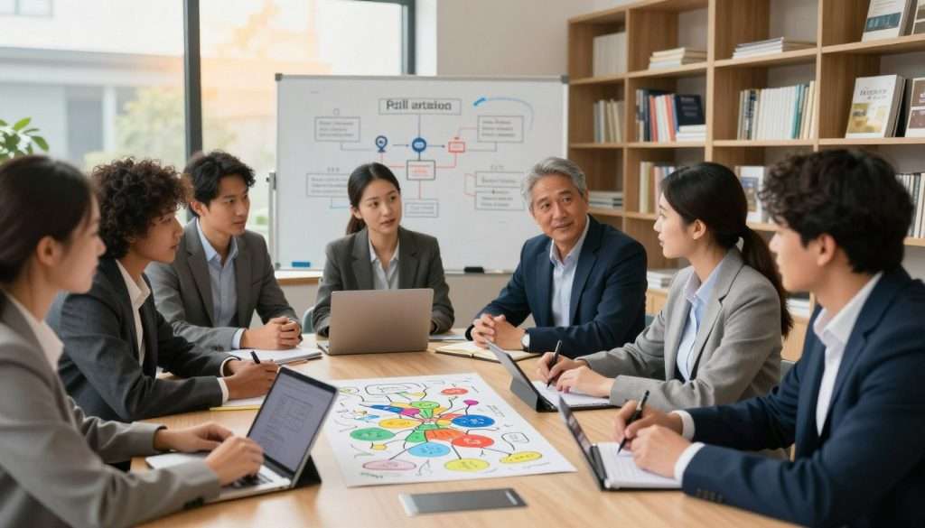 A modern, professional workspace showcasing cognitive skills acquisition. In the foreground, a diverse group of individuals in business attire are engaged in a collaborative learning session, sharing ideas around a large conference table. On the table, there are tools like colorful mind maps, digital tablets, and notebooks filled with strategies. In the middle ground, a whiteboard displays diagrams and flowcharts illustrating skill retention techniques. The background features bookshelves filled with educational materials and a large window letting in warm natural light, creating an inviting atmosphere. The scene is captured with a shallow depth of field, focusing on the participants' expressions of concentration and enthusiasm, conveying a mood of collaboration and active learning.