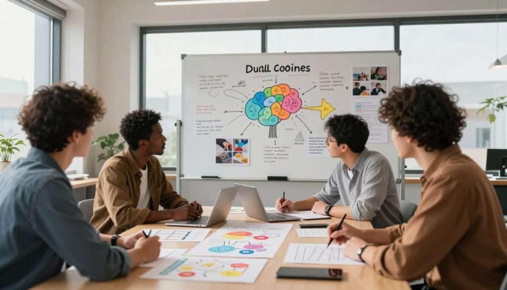 A modern, serene workspace highlighting dual coding principles in cognitive science. In the foreground, a diverse group of professionals—two men and a woman—are engaged in collaborative learning, using colorful diagrams and visual aids laid out on a large table. The middle ground features a large whiteboard filled with mind maps, charts, and images that illustrate complex concepts visually. The background consists of large windows allowing natural light to flood the room, creating a warm and inviting atmosphere. The setting conveys a sense of focus and innovation, with soft shadows providing depth. The mood is professional but relaxed, emphasizing the synergy of visual and verbal learning strategies in cognitive science. The perspective is slightly angled, giving a dynamic view of the scene. A modern, serene workspace highlighting dual coding principles in cognitive science. In the foreground, a diverse group of professionals—two men and a woman—are engaged in collaborative learning, using colorful diagrams and visual aids laid out on a large table. The middle ground features a large whiteboard filled with mind maps, charts, and images that illustrate complex concepts visually. The background consists of large windows allowing natural light to flood the room, creating a warm and inviting atmosphere. The setting conveys a sense of focus and innovation, with soft shadows providing depth. The mood is professional but relaxed, emphasizing the synergy of visual and verbal learning strategies in cognitive science. The perspective is slightly angled, giving a dynamic view of the scene.