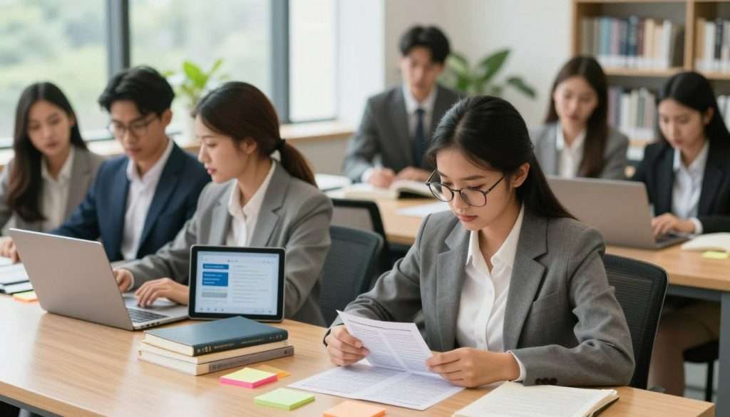 A modern study environment showcasing a diverse group of students in professional business attire engaged in spaced repetition techniques. In the foreground, a focused young woman with glasses reviews flashcards on a wooden study table, surrounded by colorful sticky notes and textbooks. In the middle ground, a diverse group of peers actively discussing concepts, one holding a digital tablet displaying a study app. The background features a bright, airy library with large windows and greenery, creating an inviting atmosphere. Soft, natural lighting streams in, highlighting the determination on their faces. The mood is productive and collaborative, evoking a sense of effective learning strategies for long-term memory retention. A modern study environment showcasing a diverse group of students in professional business attire engaged in spaced repetition techniques. In the foreground, a focused young woman with glasses reviews flashcards on a wooden study table, surrounded by colorful sticky notes and textbooks. In the middle ground, a diverse group of peers actively discussing concepts, one holding a digital tablet displaying a study app. The background features a bright, airy library with large windows and greenery, creating an inviting atmosphere. Soft, natural lighting streams in, highlighting the determination on their faces. The mood is productive and collaborative, evoking a sense of effective learning strategies for long-term memory retention.