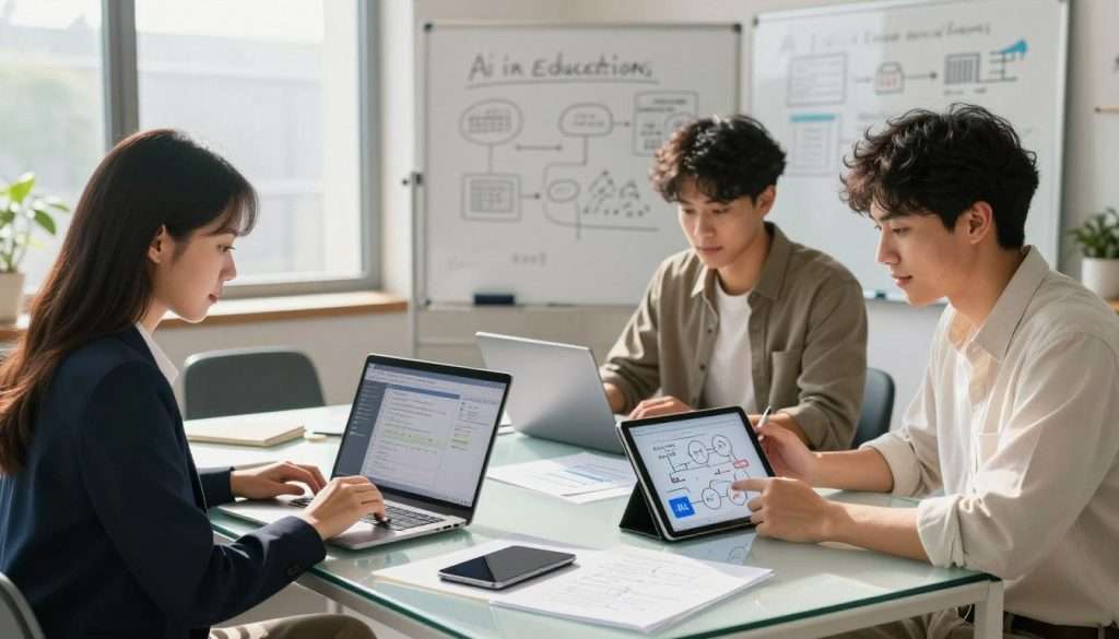 A modern, well-lit study environment showcasing a diverse group of three students engaged in a collaborative learning session using laptops and digital tablets. In the foreground, a confident young woman in professional business attire analyzes data on her screen, while a focused young man next to her sketches a flowchart on a tablet, both immersed in their tasks. In the middle, a glass table cluttered with notes and AI-powered study tools like smart notepads and interactive graphs symbolizes the tech-driven workflow. The background features a whiteboard filled with ideas and concepts about AI in education, illuminated by natural sunlight streaming through large windows, creating a vibrant, positive atmosphere of innovation and creativity. A modern, well-lit study environment showcasing a diverse group of three students engaged in a collaborative learning session using laptops and digital tablets. In the foreground, a confident young woman in professional business attire analyzes data on her screen, while a focused young man next to her sketches a flowchart on a tablet, both immersed in their tasks. In the middle, a glass table cluttered with notes and AI-powered study tools like smart notepads and interactive graphs symbolizes the tech-driven workflow. The background features a whiteboard filled with ideas and concepts about AI in education, illuminated by natural sunlight streaming through large windows, creating a vibrant, positive atmosphere of innovation and creativity.