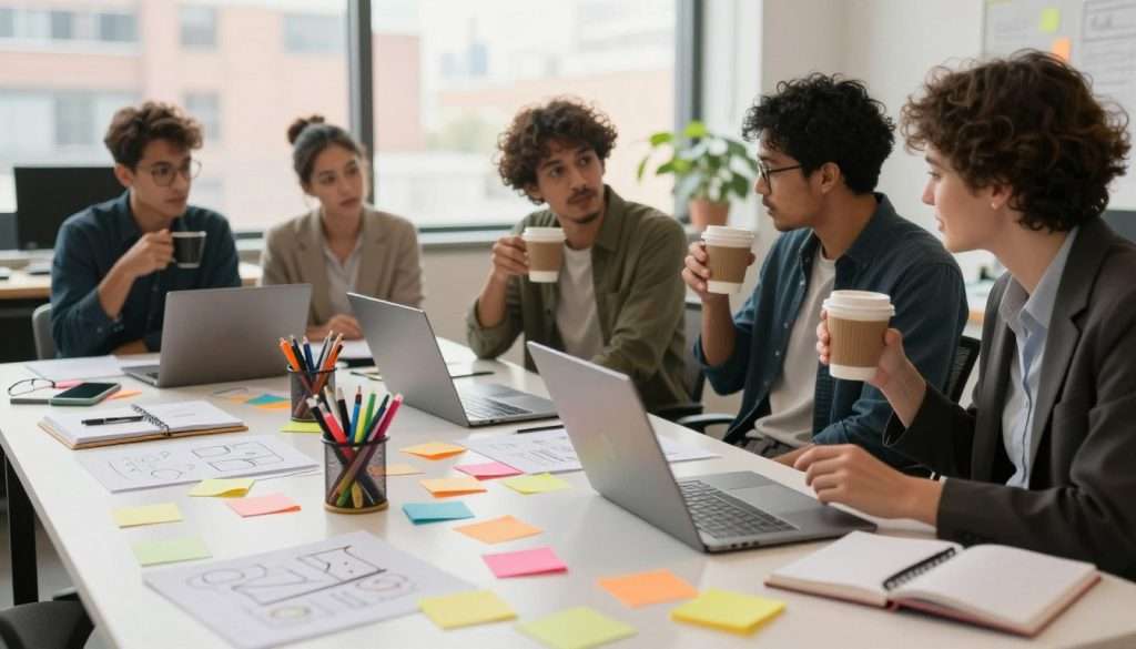 A modern workspace brimming with innovative learning techniques. In the foreground, a cluttered desk filled with colorful sticky notes, gadgets, and notebooks spilling over with ideas. A cup brimming with pens and highlighters adds vibrancy. In the middle ground, a diverse group of three individuals, two men and one woman, dressed in professional attire, engaged in a lively brainstorming session, actively discussing ideas while sipping coffee. In the background, a large window reveals a cityscape bathed in warm, natural light, creating a sense of openness. The atmosphere is collaborative and energetic, embodying creativity amidst the chaos of information. Use soft focus to convey depth and a slightly elevated angle for a dynamic perspective. A modern workspace brimming with innovative learning techniques. In the foreground, a cluttered desk filled with colorful sticky notes, gadgets, and notebooks spilling over with ideas. A cup brimming with pens and highlighters adds vibrancy. In the middle ground, a diverse group of three individuals, two men and one woman, dressed in professional attire, engaged in a lively brainstorming session, actively discussing ideas while sipping coffee. In the background, a large window reveals a cityscape bathed in warm, natural light, creating a sense of openness. The atmosphere is collaborative and energetic, embodying creativity amidst the chaos of information. Use soft focus to convey depth and a slightly elevated angle for a dynamic perspective.