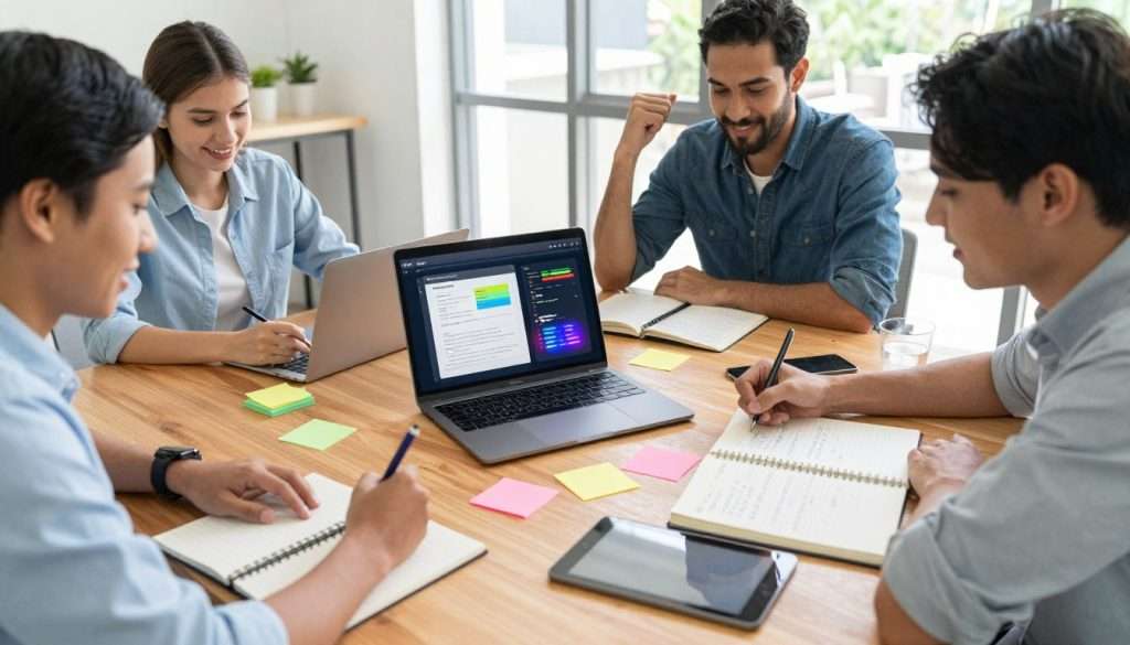 A modern workspace featuring a diverse group of three professionals collaborating around a sleek wooden table, engaging in dynamic note-taking. The foreground showcases vibrant note-taking tools like colorful sticky notes, digital tablets, and notebooks filled with handwritten notes. In the middle, an open laptop displays a visually engaging digital note-taking platform, with graphs and flashy interface features. The background reveals a bright, airy office space with large windows, allowing natural light to illuminate the scene, creating a warm and inviting atmosphere. The professionals are dressed in smart casual attire, smiling and animated, conveying a sense of collaboration and creativity, while the overall mood emphasizes innovation and effective communication in note-taking. The angle captures the scene from slightly above, offering a comprehensive view of their interaction and workspace. A modern workspace featuring a diverse group of three professionals collaborating around a sleek wooden table, engaging in dynamic note-taking. The foreground showcases vibrant note-taking tools like colorful sticky notes, digital tablets, and notebooks filled with handwritten notes. In the middle, an open laptop displays a visually engaging digital note-taking platform, with graphs and flashy interface features. The background reveals a bright, airy office space with large windows, allowing natural light to illuminate the scene, creating a warm and inviting atmosphere. The professionals are dressed in smart casual attire, smiling and animated, conveying a sense of collaboration and creativity, while the overall mood emphasizes innovation and effective communication in note-taking. The angle captures the scene from slightly above, offering a comprehensive view of their interaction and workspace.