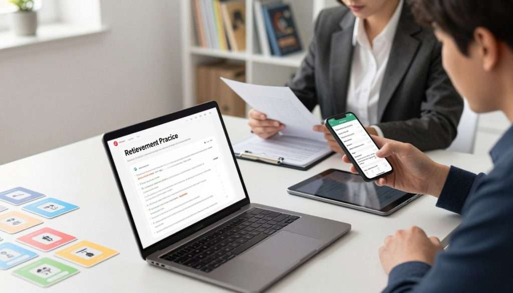 A modern workspace featuring a variety of digital tools aimed at enhancing memory recall. In the foreground, a sleek laptop displays an interactive interface of a retrieval practice app, surrounded by colorful flashcards and a digital tablet. In the middle ground, a person in professional business attire examines notes and quizzes on a smartphone, their expression focused and engaged. The background shows a well-organized, minimalistic office environment with bookshelves filled with educational materials and soft natural lighting filtering through a window, casting gentle shadows. The atmosphere is one of productivity and concentration, embodying a commitment to effective learning and memory enhancement. Capture this scene with a slight overhead angle to highlight the tools and the user’s interaction. A modern workspace featuring a variety of digital tools aimed at enhancing memory recall. In the foreground, a sleek laptop displays an interactive interface of a retrieval practice app, surrounded by colorful flashcards and a digital tablet. In the middle ground, a person in professional business attire examines notes and quizzes on a smartphone, their expression focused and engaged. The background shows a well-organized, minimalistic office environment with bookshelves filled with educational materials and soft natural lighting filtering through a window, casting gentle shadows. The atmosphere is one of productivity and concentration, embodying a commitment to effective learning and memory enhancement. Capture this scene with a slight overhead angle to highlight the tools and the user’s interaction.