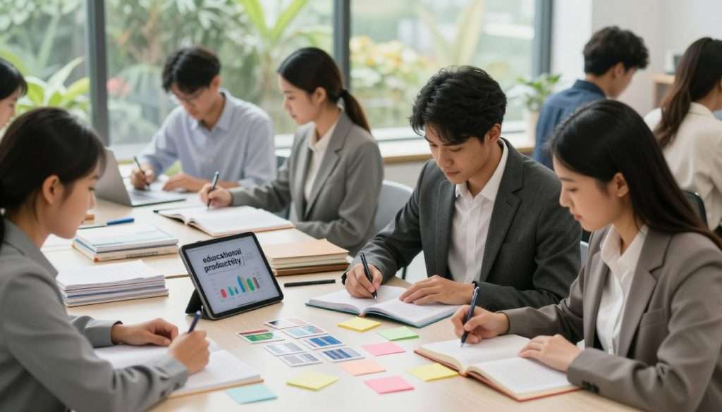 A modern workspace illustrating "educational productivity." In the foreground, a diverse group of two focused students, a male and female, dressed in professional business attire, are engaged in active recall study techniques, surrounded by colorful post-it notes and open notebooks. In the middle ground, a sleek desk cluttered with study materials, including textbooks, flashcards, and a digital tablet displaying educational graphs. The background features a large window with soft, natural light streaming in, showcasing a calm outdoor scene with lush greenery. The overall atmosphere is one of motivation and concentration, with warm color tones that evoke a sense of inspiration and productivity. The image should have a clear, well-lit composition, emphasizing the importance of effective study habits.