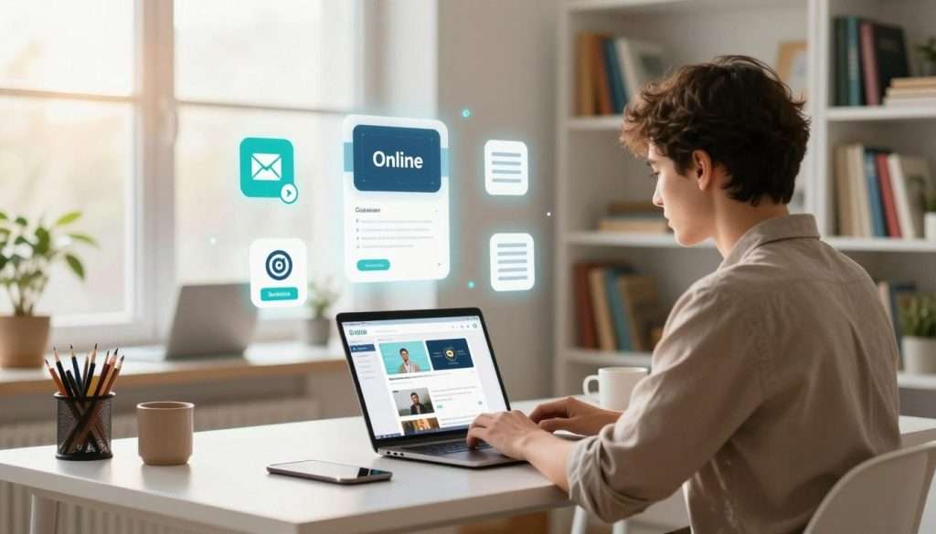 A modern workspace scene illustrating knowledge acquisition through digital tools. In the foreground, a focused individual in smart casual attire sits at a sleek desk, engaging with a laptop displaying various online learning platforms. The middle layer features floating digital icons representing online courses, webinars, and e-books, symbolizing digital learning. In the background, a bright window lets in sunlight, illuminating the space and creating a warm, inviting atmosphere. The room is decorated with bookshelves filled with colorful books and a potted plant, adding a touch of life. The overall mood reflects inspiration and motivation, emphasizing the journey of continuous learning and growth. Use soft, natural lighting to enhance the professionalism of the scene. A modern workspace scene illustrating knowledge acquisition through digital tools. In the foreground, a focused individual in smart casual attire sits at a sleek desk, engaging with a laptop displaying various online learning platforms. The middle layer features floating digital icons representing online courses, webinars, and e-books, symbolizing digital learning. In the background, a bright window lets in sunlight, illuminating the space and creating a warm, inviting atmosphere. The room is decorated with bookshelves filled with colorful books and a potted plant, adding a touch of life. The overall mood reflects inspiration and motivation, emphasizing the journey of continuous learning and growth. Use soft, natural lighting to enhance the professionalism of the scene.