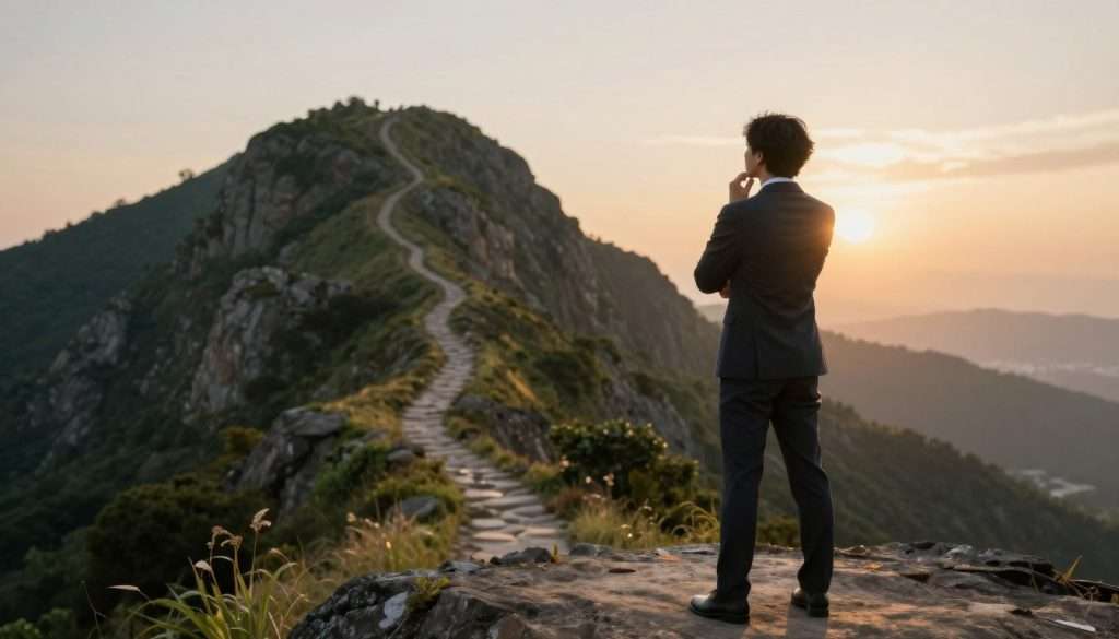 A person standing on a metaphorical plateau, depicting the frustration of being stuck in the learning process. In the foreground, a person in professional attire, looking thoughtfully at a steep mountain trail leading upward, symbolizing progress. Their expression shows determination mixed with confusion. In the middle ground, a winding path ascends the mountain, surrounded by greenery and rocky textures, with a clear sky contrasting the challenging terrain. The background features a sun setting on the horizon, casting a warm, golden light that symbolizes hope and new beginnings. The atmosphere is a mix of introspection and motivation, inviting the viewer to reflect on their own learning journey. Use soft focus on the background to emphasize the subject in the foreground, creating a sense of depth.