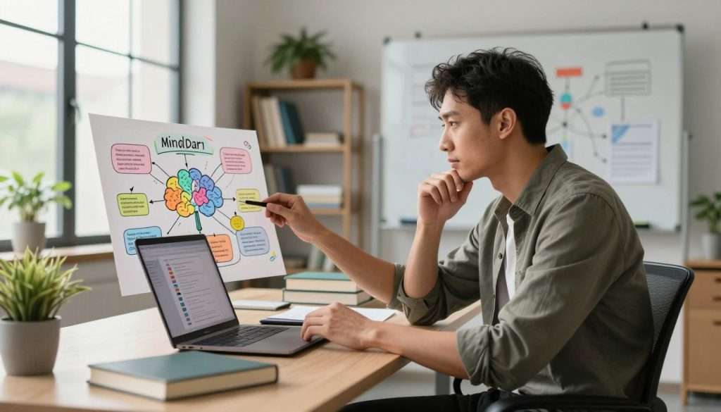 A professional adult in a modern office environment, sitting at a sleek desk surrounded by books and digital devices, engaging with a colorful mind map that bridges various fields of knowledge. In the foreground, a close-up of their thoughtful expression, wearing a smart casual outfit. The middle ground features an open laptop displaying educational content, while a whiteboard filled with interconnected ideas and diagrams captures the essence of skill development. Natural light filters through large windows, casting a warm glow on the scene, creating an inviting and motivating atmosphere. The background reveals shelves lined with books and potted plants, symbolizing growth and learning. The overall mood is focused, inspiring, and conducive to personal and professional growth.