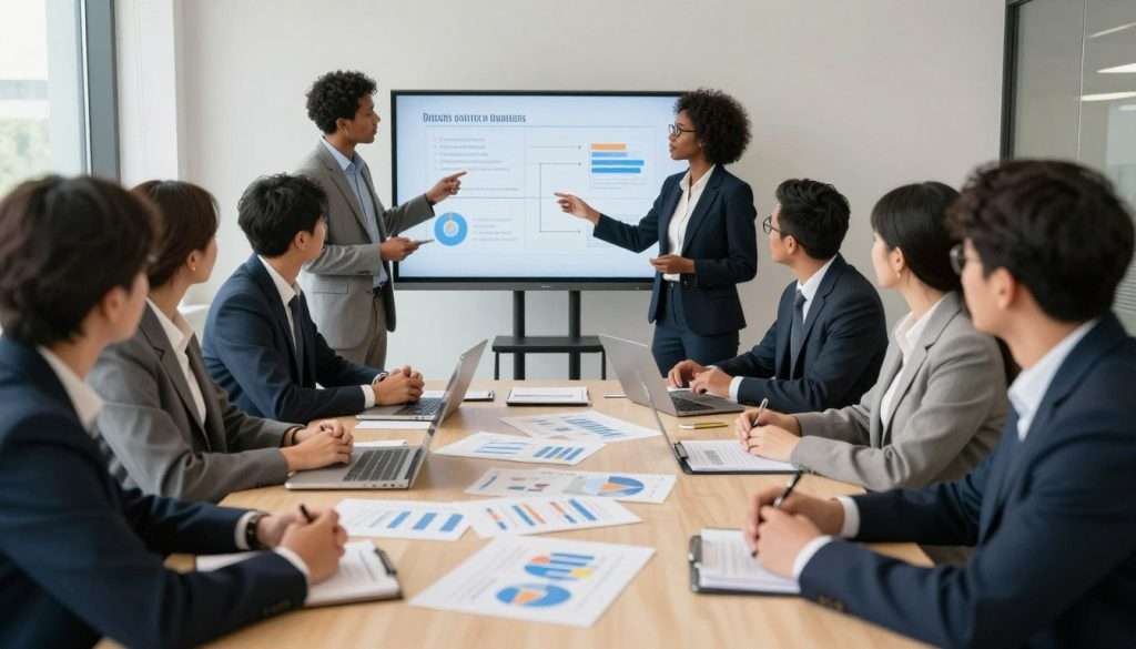 A professional meeting room filled with a diverse group of business professionals, all dressed in smart business attire. In the foreground, a large round table covered with charts, graphs, and notes showcasing data analysis and brainstorming materials. In the middle, one individual, a Black woman with glasses, is presenting findings on a digital screen, gesturing towards actionable steps. The atmosphere is focused and collaborative, with subtle energy evident in the expressions of the participants. The background reveals a large window with natural light streaming in, casting soft shadows across the room. The image captures a sense of purpose and determination, emphasizing the synthesis of decision-making processes. Soft focus on the edges to draw attention to the central action and findings. A professional meeting room filled with a diverse group of business professionals, all dressed in smart business attire. In the foreground, a large round table covered with charts, graphs, and notes showcasing data analysis and brainstorming materials. In the middle, one individual, a Black woman with glasses, is presenting findings on a digital screen, gesturing towards actionable steps. The atmosphere is focused and collaborative, with subtle energy evident in the expressions of the participants. The background reveals a large window with natural light streaming in, casting soft shadows across the room. The image captures a sense of purpose and determination, emphasizing the synthesis of decision-making processes. Soft focus on the edges to draw attention to the central action and findings.