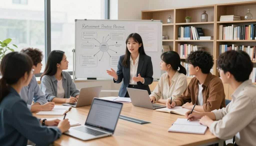 A professional, modern classroom setting with a diverse group of students engaged in active learning methods like group discussions and study sessions. In the foreground, a young woman in professional attire is leading a lively discussion, surrounded by her peers who are taking notes and reviewing materials. The middle ground features a whiteboard with mind maps and diagrams illustrating retrieval practice techniques. The background showcases bookshelves filled with academic resources, and natural light streams in through large windows, creating a bright and inviting atmosphere. The overall mood is energetic and collaborative, emphasizing the dynamic nature of active learning while avoiding any distractions or clutter in the scene. A professional, modern classroom setting with a diverse group of students engaged in active learning methods like group discussions and study sessions. In the foreground, a young woman in professional attire is leading a lively discussion, surrounded by her peers who are taking notes and reviewing materials. The middle ground features a whiteboard with mind maps and diagrams illustrating retrieval practice techniques. The background showcases bookshelves filled with academic resources, and natural light streams in through large windows, creating a bright and inviting atmosphere. The overall mood is energetic and collaborative, emphasizing the dynamic nature of active learning while avoiding any distractions or clutter in the scene.