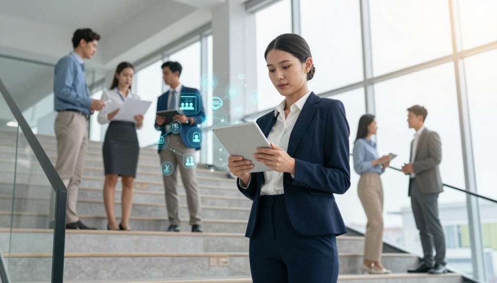 A professional woman in business attire, confidently standing on a staircase that symbolizes growth and progression, surrounded by floating digital icons representing various skills such as coding, communication, and leadership. The foreground features her holding a tablet, analyzing data, with a focused expression. In the middle ground, diverse colleagues are engaged in collaborative discussions, exchanging ideas and resources. The background showcases a modern office environment with large windows, allowing natural light to pour in, creating a bright and uplifting atmosphere. The overall mood conveys ambition, motivation, and the importance of continuous learning for career advancement, captured from a slightly low angle to emphasize the subject's stature and confidence. A professional woman in business attire, confidently standing on a staircase that symbolizes growth and progression, surrounded by floating digital icons representing various skills such as coding, communication, and leadership. The foreground features her holding a tablet, analyzing data, with a focused expression. In the middle ground, diverse colleagues are engaged in collaborative discussions, exchanging ideas and resources. The background showcases a modern office environment with large windows, allowing natural light to pour in, creating a bright and uplifting atmosphere. The overall mood conveys ambition, motivation, and the importance of continuous learning for career advancement, captured from a slightly low angle to emphasize the subject's stature and confidence.