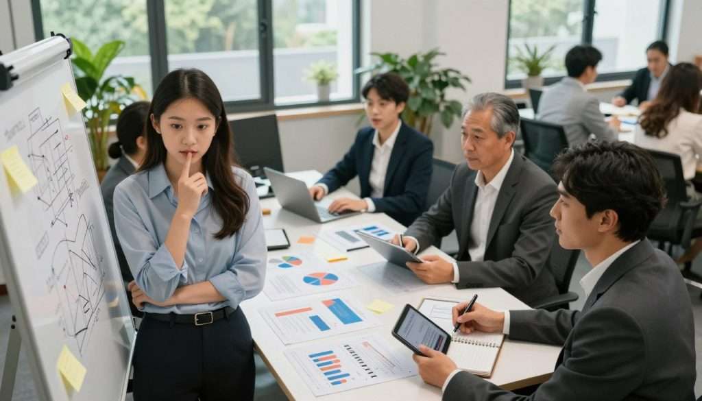 A professional workspace filled with diverse individuals in business attire, engaging in a collaborative problem-solving exercise. In the foreground, a thoughtful young woman studies a complex diagram on a whiteboard while a middle-aged man takes notes using a tablet. In the middle, a brainstorming session is underway with sticky notes and charts scattered across a large table, illustrating various analytical techniques. In the background, a warm, inviting office environment with large windows letting in natural light, lush greenery visible outside. The scene conveys an atmosphere of collaboration, innovation, and focused concentration, with soft lighting highlighting the participants' expressions. The composition is well-balanced, shot from a slightly elevated angle to capture the dynamics of the group. A professional workspace filled with diverse individuals in business attire, engaging in a collaborative problem-solving exercise. In the foreground, a thoughtful young woman studies a complex diagram on a whiteboard while a middle-aged man takes notes using a tablet. In the middle, a brainstorming session is underway with sticky notes and charts scattered across a large table, illustrating various analytical techniques. In the background, a warm, inviting office environment with large windows letting in natural light, lush greenery visible outside. The scene conveys an atmosphere of collaboration, innovation, and focused concentration, with soft lighting highlighting the participants' expressions. The composition is well-balanced, shot from a slightly elevated angle to capture the dynamics of the group.