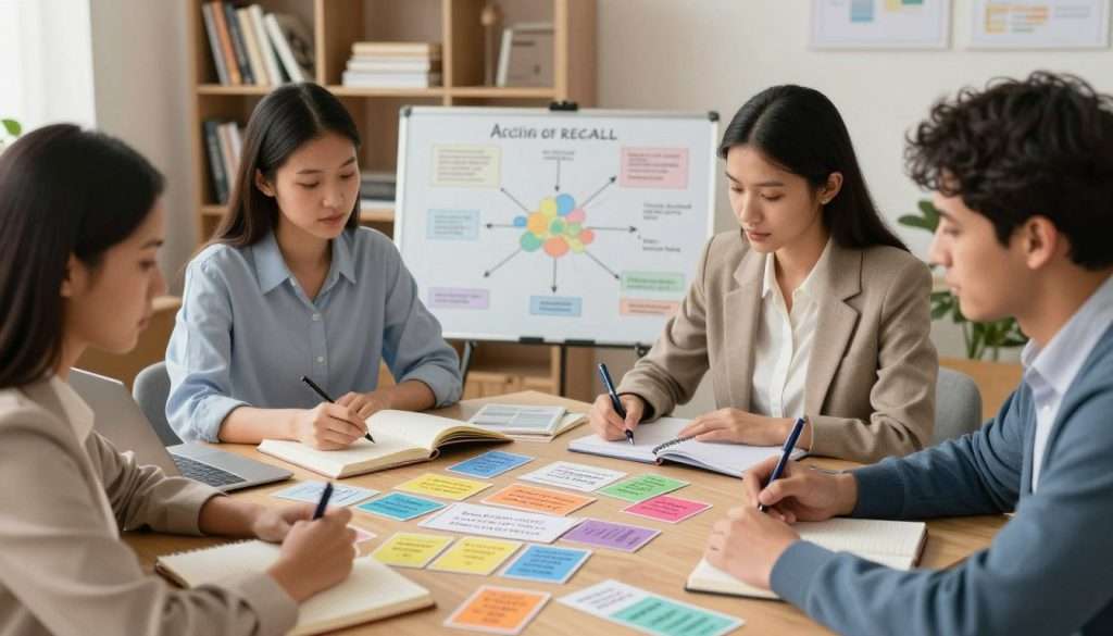 A realistic study environment showcasing various memorization techniques. In the foreground, a diverse group of three professionals—two women in smart business attire and one man in casual yet professional clothing—are engaged in active recall, surrounded by colorful flashcards and notebooks. The middle ground features a large table scattered with diagrams and mind maps, highlighting the concepts of active recall and spaced repetition. In the background, a well-organized bookshelf filled with educational materials adds to the scholarly atmosphere. Soft, warm light illuminates the space, creating a focused and motivating ambiance, while a shallow depth of field keeps the focus on the participants' expressions of concentration and engagement in their learning process. A realistic study environment showcasing various memorization techniques. In the foreground, a diverse group of three professionals—two women in smart business attire and one man in casual yet professional clothing—are engaged in active recall, surrounded by colorful flashcards and notebooks. The middle ground features a large table scattered with diagrams and mind maps, highlighting the concepts of active recall and spaced repetition. In the background, a well-organized bookshelf filled with educational materials adds to the scholarly atmosphere. Soft, warm light illuminates the space, creating a focused and motivating ambiance, while a shallow depth of field keeps the focus on the participants' expressions of concentration and engagement in their learning process.