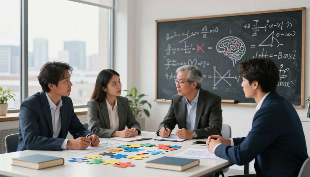 A serene and contemplative workspace filled with elements symbolizing cognitive enhancement. In the foreground, a diverse group of three professionals, dressed in smart business attire, engage deeply in discussion around a sleek, modern table littered with puzzles, books, and cognitive tools like mind maps and charts. In the middle ground, a large chalkboard displays complex equations and diagrams illustrating cognitive biases, with some being crossed out to symbolize overcoming them. In the background, a large window lets in soft, natural light, illuminating an inspiring view of a city skyline that represents growth and opportunity. The mood is focused and intense yet hopeful, capturing the essence of growth and the continuous quest for knowledge and self-improvement. The overall ambiance is bright and inviting, fostering an atmosphere of learning and exploration. A serene and contemplative workspace filled with elements symbolizing cognitive enhancement. In the foreground, a diverse group of three professionals, dressed in smart business attire, engage deeply in discussion around a sleek, modern table littered with puzzles, books, and cognitive tools like mind maps and charts. In the middle ground, a large chalkboard displays complex equations and diagrams illustrating cognitive biases, with some being crossed out to symbolize overcoming them. In the background, a large window lets in soft, natural light, illuminating an inspiring view of a city skyline that represents growth and opportunity. The mood is focused and intense yet hopeful, capturing the essence of growth and the continuous quest for knowledge and self-improvement. The overall ambiance is bright and inviting, fostering an atmosphere of learning and exploration.