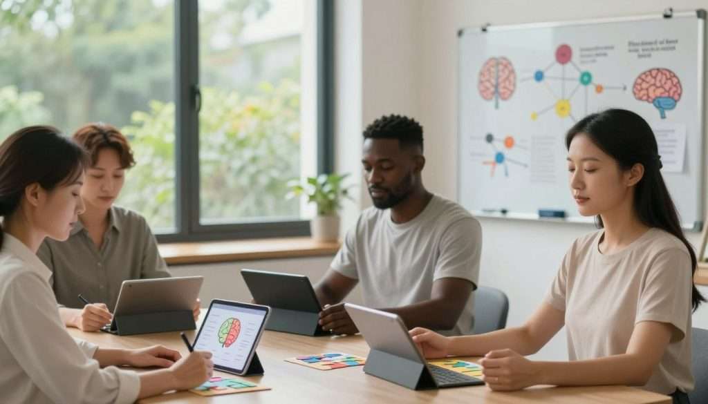 A serene and focused workspace dedicated to neuroplasticity exercises. In the foreground, a diverse group of three adults—one Caucasian woman, one Black man, and one Asian woman—sitting at a modern table, each engaged in different brain training activities: solving puzzles, using a brain training app on tablets, and practicing mindfulness meditation with closed eyes. The middle layer features a soft, diffused light illuminating the room, highlighting a large window with greenery visible outside, fostering a tranquil atmosphere. In the background, a whiteboard filled with colorful diagrams depicting neural connections and brain exercises. The mood is inspiring and motivational, emphasizing focus and calmness, captured with a natural lens at eye level to provide an intimate perspective.