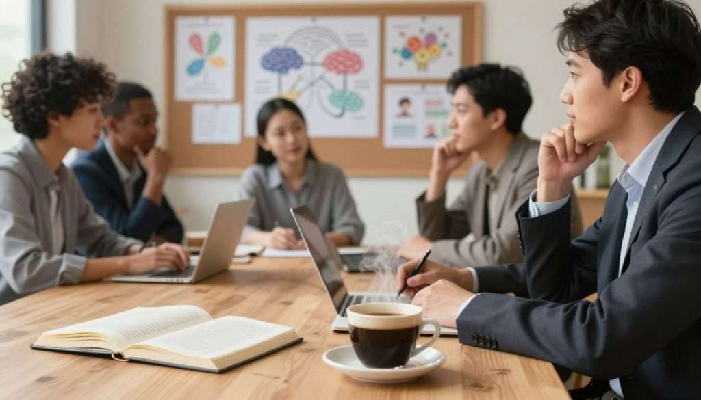 A serene and focused workspace, emphasizing the concept of mental models. In the foreground, a light wooden desk neatly arranged with a journal, an open book on learning strategies, and a steaming cup of coffee. In the middle, a diverse group of individuals (two men and one woman) absorbed in thoughtful discussion, wearing professional business attire. They are surrounded by inspiring visual aids: mind maps and charts pinned on a corkboard in the background, symbolizing cognitive frameworks. Soft ambient lighting illuminates the scene, creating a warm and inviting atmosphere. The lens captures the essence of collaboration and introspection, with a slightly blurred focus on the background to highlight the subjects in the foreground. The overall mood is uplifting, showcasing the beauty of integrating mental models into everyday life. A serene and focused workspace, emphasizing the concept of mental models. In the foreground, a light wooden desk neatly arranged with a journal, an open book on learning strategies, and a steaming cup of coffee. In the middle, a diverse group of individuals (two men and one woman) absorbed in thoughtful discussion, wearing professional business attire. They are surrounded by inspiring visual aids: mind maps and charts pinned on a corkboard in the background, symbolizing cognitive frameworks. Soft ambient lighting illuminates the scene, creating a warm and inviting atmosphere. The lens captures the essence of collaboration and introspection, with a slightly blurred focus on the background to highlight the subjects in the foreground. The overall mood is uplifting, showcasing the beauty of integrating mental models into everyday life.