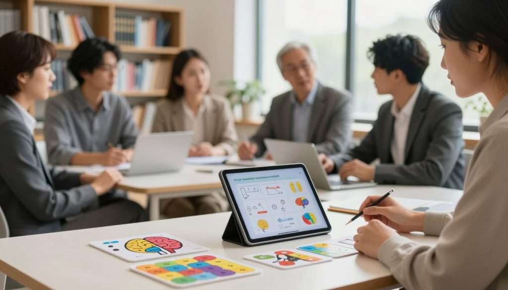 A serene and focused workspace featuring a well-organized desk with various cognitive training materials. In the foreground, there are a set of colorful brain teaser puzzles and a sleek tablet displaying interactive cognitive exercises. In the middle ground, a diverse group of individuals dressed in professional business attire is engaged in a discussion, their expressions reflecting concentration and curiosity as they exchange ideas. The background is softly blurred, showcasing bookshelves filled with psychology and neuroscience texts, bathed in warm, natural lighting streaming through a large window. The atmosphere is one of intellectual engagement and mental flexibility, promoting a calm yet stimulating environment for cognitive training techniques. The angle is slightly elevated, capturing both the participants and their activities effectively. A serene and focused workspace featuring a well-organized desk with various cognitive training materials. In the foreground, there are a set of colorful brain teaser puzzles and a sleek tablet displaying interactive cognitive exercises. In the middle ground, a diverse group of individuals dressed in professional business attire is engaged in a discussion, their expressions reflecting concentration and curiosity as they exchange ideas. The background is softly blurred, showcasing bookshelves filled with psychology and neuroscience texts, bathed in warm, natural lighting streaming through a large window. The atmosphere is one of intellectual engagement and mental flexibility, promoting a calm yet stimulating environment for cognitive training techniques. The angle is slightly elevated, capturing both the participants and their activities effectively.
