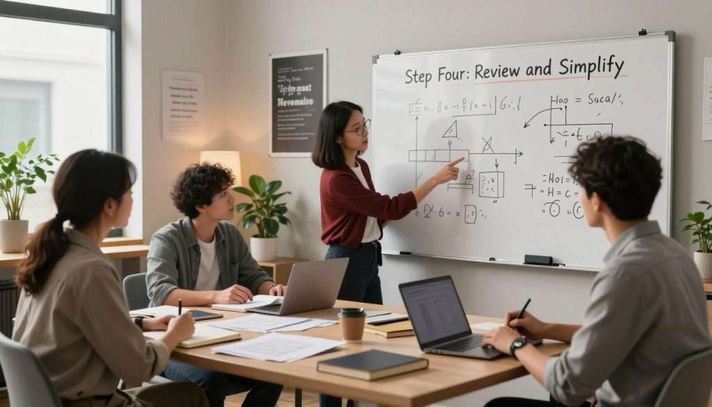 A serene and focused workspace, illustrating the Feynman Technique's “Step Four: Review and Simplify.” In the foreground, a diverse group of four professionals—two men and two women, dressed in business attire—are engaged in a lively discussion over a large whiteboard filled with simplified diagrams and equations. One individual, a woman with glasses, is pointing to the board, while another, a man with dark hair, is taking notes. In the middle ground, a cozy desk with open books, notebooks, and a laptop shows a blend of study materials and brainstorming artifacts. The background features a softly lit modern office with plants and motivational posters. The atmosphere is collaborative and intellectually stimulating, with warm but focused lighting coming from a nearby window, giving a sense of clarity and innovation. A serene and focused workspace, illustrating the Feynman Technique's “Step Four: Review and Simplify.” In the foreground, a diverse group of four professionals—two men and two women, dressed in business attire—are engaged in a lively discussion over a large whiteboard filled with simplified diagrams and equations. One individual, a woman with glasses, is pointing to the board, while another, a man with dark hair, is taking notes. In the middle ground, a cozy desk with open books, notebooks, and a laptop shows a blend of study materials and brainstorming artifacts. The background features a softly lit modern office with plants and motivational posters. The atmosphere is collaborative and intellectually stimulating, with warm but focused lighting coming from a nearby window, giving a sense of clarity and innovation.
