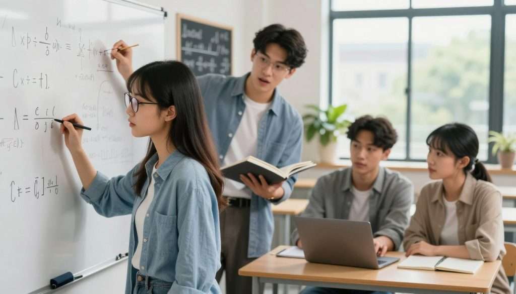 A serene and inspiring study environment showcasing a diverse group of three students working together to solve mathematical problems. In the foreground, a focused young woman with glasses scribbles on a whiteboard, her expression reflecting determination. In the middle ground, a young man with a notebook gesturing enthusiastically, sharing insights with an attentive student who sits with a laptop, both dressed in professional casual attire. The background features a softly lit classroom with motivational math posters, plants, and natural light filtering through large windows, creating a warm and encouraging atmosphere. The overall mood conveys collaboration and empowerment, emphasizing the theme of overcoming mental blocks in mathematics. A serene and inspiring study environment showcasing a diverse group of three students working together to solve mathematical problems. In the foreground, a focused young woman with glasses scribbles on a whiteboard, her expression reflecting determination. In the middle ground, a young man with a notebook gesturing enthusiastically, sharing insights with an attentive student who sits with a laptop, both dressed in professional casual attire. The background features a softly lit classroom with motivational math posters, plants, and natural light filtering through large windows, creating a warm and encouraging atmosphere. The overall mood conveys collaboration and empowerment, emphasizing the theme of overcoming mental blocks in mathematics.