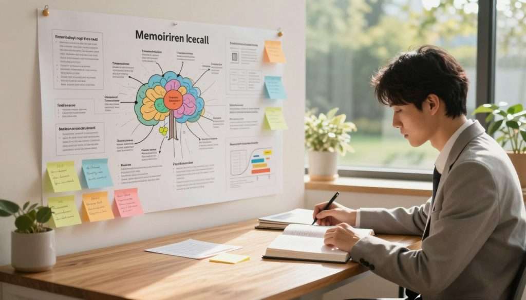 A serene and inspiring study room bathed in warm, natural light, showcasing advanced memory improvement strategies. In the foreground, a focused individual dressed in professional business attire is seated at a sleek wooden desk, surrounded by open books and colorful sticky notes filled with key concepts. The middle layer features a large wall covered in mind maps, diagrams, and visual aids illustrating techniques for enhancing cognitive recall. In the background, a window reveals a soft, blurred view of a peaceful garden, evoking a sense of calm and concentration. The overall atmosphere conveys clarity and motivation, with an emphasis on learning and intellectual growth, captured from a slightly elevated angle to provide depth and perspective. A serene and inspiring study room bathed in warm, natural light, showcasing advanced memory improvement strategies. In the foreground, a focused individual dressed in professional business attire is seated at a sleek wooden desk, surrounded by open books and colorful sticky notes filled with key concepts. The middle layer features a large wall covered in mind maps, diagrams, and visual aids illustrating techniques for enhancing cognitive recall. In the background, a window reveals a soft, blurred view of a peaceful garden, evoking a sense of calm and concentration. The overall atmosphere conveys clarity and motivation, with an emphasis on learning and intellectual growth, captured from a slightly elevated angle to provide depth and perspective.