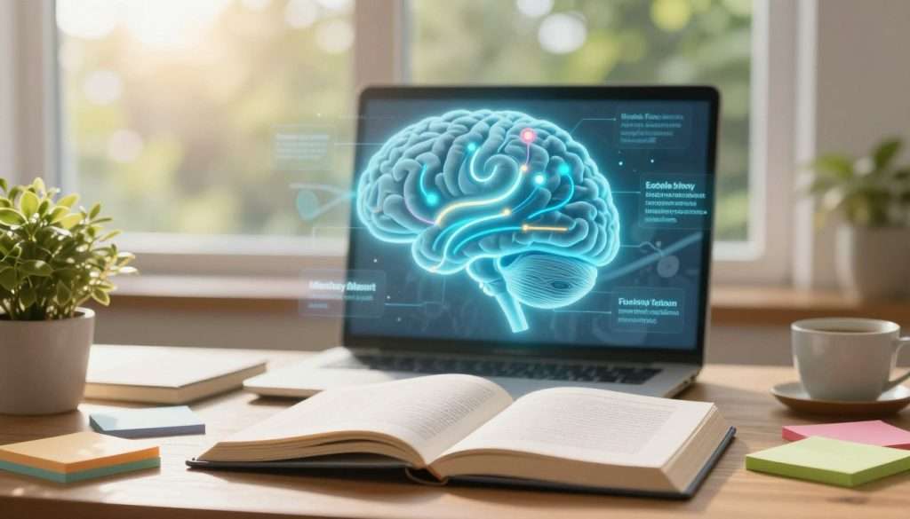 A serene and inspiring workspace illustrating effective memory improvement methods, filled with elements symbolizing cognitive enhancement. In the foreground, a wooden desk neatly arranged with open books on memory techniques, colorful sticky notes, and a relaxation plant. The middle ground features a well-lit modern brain diagram illustrating different memory functions and pathways, surrounded by calming blue and green hues. In the background, a window reveals a tranquil nature scene, symbolizing clarity and focus, with soft sunlight streaming in to create a warm atmosphere. The overall mood is uplifting and motivating, emphasizing productivity and cognitive growth, captured with a soft focus lens to evoke a sense of calm and focus. No people are present in the image.