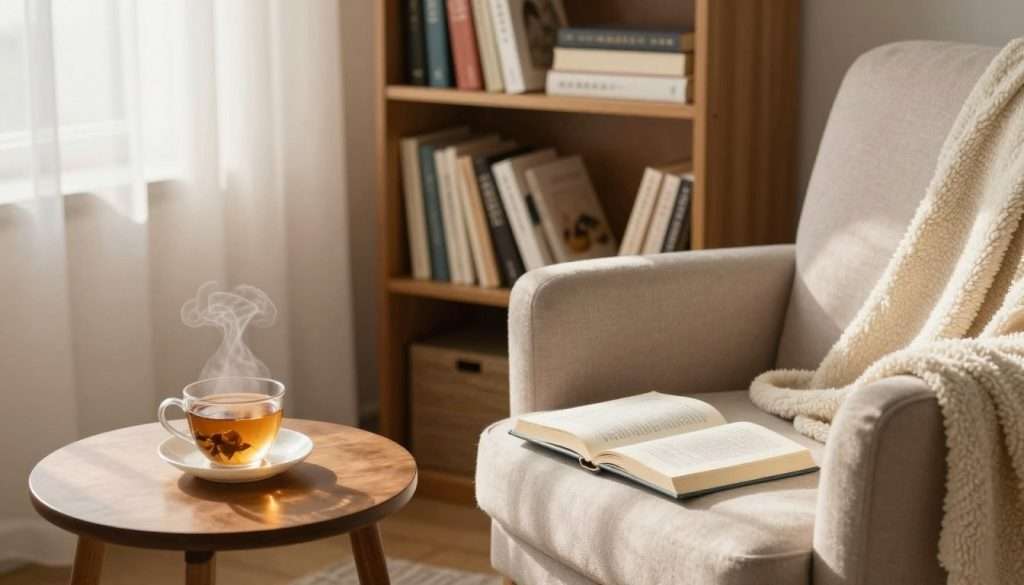 A serene and inviting reading nook designed for focused contemplation, set in a cozy, well-lit room. In the foreground, an elegant armchair with a plush throw blanket draped over it, beside a small wooden side table holding a steaming cup of herbal tea and an open book lying face down. In the middle ground, a bookshelf filled with a variety of books, some slightly tilted to suggest they are being selectively browsed. The background features a softly glowing window with sunlight filtering through sheer curtains, casting warm light across the room. The atmosphere is calm and introspective, conveying a sense of liberation from the pressure of reading. The image captures the essence of enjoying fewer books while embracing deeper understanding, shot with a warm color palette from a slightly elevated angle to invite the viewer into the space. A serene and inviting reading nook designed for focused contemplation, set in a cozy, well-lit room. In the foreground, an elegant armchair with a plush throw blanket draped over it, beside a small wooden side table holding a steaming cup of herbal tea and an open book lying face down. In the middle ground, a bookshelf filled with a variety of books, some slightly tilted to suggest they are being selectively browsed. The background features a softly glowing window with sunlight filtering through sheer curtains, casting warm light across the room. The atmosphere is calm and introspective, conveying a sense of liberation from the pressure of reading. The image captures the essence of enjoying fewer books while embracing deeper understanding, shot with a warm color palette from a slightly elevated angle to invite the viewer into the space.
