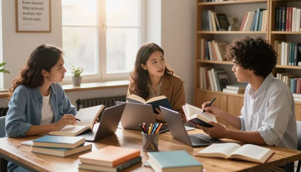 A serene and inviting study space showcasing a diverse group of three individuals—two women and one man—engaged in an animated discussion over open books and laptops. The foreground features a wooden table cluttered with colorful textbooks, digital tablets, and stationery. In the middle ground, a large window allows soft, warm sunlight to pour in, illuminating the scene and creating a cozy atmosphere. Bookshelves filled with various resources line the background, filled with academic tomes and inspirational quotes framed on the walls. The individuals are dressed in smart casual attire, conveying professionalism mixed with approachability. The image should evoke a sense of collaboration and enthusiasm for learning, inspiring viewers to elevate their academic pursuits. Use a slightly elevated angle to capture the dynamic interactions among the group while soft focus on the background adds depth. A serene and inviting study space showcasing a diverse group of three individuals—two women and one man—engaged in an animated discussion over open books and laptops. The foreground features a wooden table cluttered with colorful textbooks, digital tablets, and stationery. In the middle ground, a large window allows soft, warm sunlight to pour in, illuminating the scene and creating a cozy atmosphere. Bookshelves filled with various resources line the background, filled with academic tomes and inspirational quotes framed on the walls. The individuals are dressed in smart casual attire, conveying professionalism mixed with approachability. The image should evoke a sense of collaboration and enthusiasm for learning, inspiring viewers to elevate their academic pursuits. Use a slightly elevated angle to capture the dynamic interactions among the group while soft focus on the background adds depth.