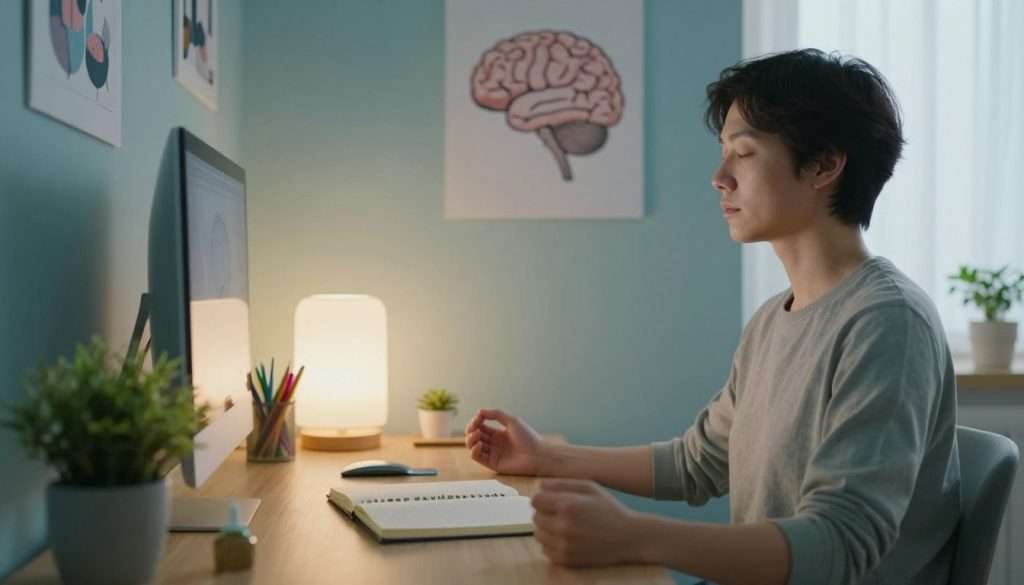 A serene and inviting workspace designed for concentration exercises, featuring a wooden desk with an open notebook, colorful stationery, and a potted plant. In the foreground, a focused individual in casual, modest clothing is practicing mindfulness, seated with an upright posture, and eyes closed in deep concentration. In the middle ground, a soft, glowing lamp casts warm light, illuminating the desk and creating an inviting atmosphere. The background showcases calming wall art related to sleep and brain health, with a soft-focus window allowing gentle, natural light to filter in. The overall mood is one of tranquility and focus, emphasizing the importance of sleep hygiene in memory consolidation, with a color palette of soft blues and greens for a calming effect. A serene and inviting workspace designed for concentration exercises, featuring a wooden desk with an open notebook, colorful stationery, and a potted plant. In the foreground, a focused individual in casual, modest clothing is practicing mindfulness, seated with an upright posture, and eyes closed in deep concentration. In the middle ground, a soft, glowing lamp casts warm light, illuminating the desk and creating an inviting atmosphere. The background showcases calming wall art related to sleep and brain health, with a soft-focus window allowing gentle, natural light to filter in. The overall mood is one of tranquility and focus, emphasizing the importance of sleep hygiene in memory consolidation, with a color palette of soft blues and greens for a calming effect.