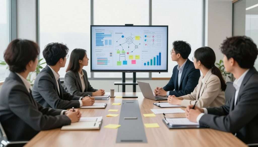 A serene and sophisticated office setting showcasing a large conference table at the forefront, surrounded by thoughtfully arranged chairs. In the middle ground, a diverse group of professionals—three individuals in tailored business attire—are engaged in deep discussion, focused on a variety of visual frameworks displayed on a digital screen. The background features a large window with natural light pouring in, illuminating the space and casting soft shadows. Include elements like sticky notes, flowcharts, and graphs strategically placed on the table, enhancing the theme of decision-making. The mood is collaborative and insightful, with a sense of purpose and clarity in the air, suggesting a productive and innovative environment. A serene and sophisticated office setting showcasing a large conference table at the forefront, surrounded by thoughtfully arranged chairs. In the middle ground, a diverse group of professionals—three individuals in tailored business attire—are engaged in deep discussion, focused on a variety of visual frameworks displayed on a digital screen. The background features a large window with natural light pouring in, illuminating the space and casting soft shadows. Include elements like sticky notes, flowcharts, and graphs strategically placed on the table, enhancing the theme of decision-making. The mood is collaborative and insightful, with a sense of purpose and clarity in the air, suggesting a productive and innovative environment.