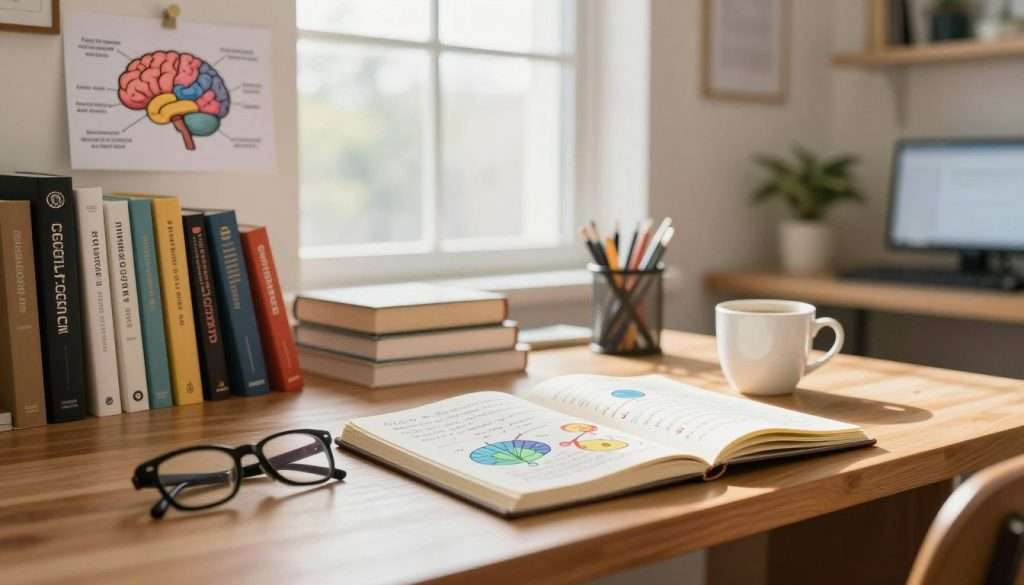 A serene and vibrant study space representing cognitive science, featuring a wooden desk with an open notebook filled with handwritten notes and colorful diagrams. In the foreground, a pair of glasses rests next to a coffee cup, symbolizing focus and learning. The middle ground showcases a wall lined with books on psychology and neuroscience, while a colorful brain illustration is pinned above the desk, depicting different cognitive processes. The background is softly lit by natural light streaming through a large window, illuminating the room and creating a warm, inviting atmosphere. The scene evokes a sense of curiosity and intellectual engagement, perfect for highlighting the concept of elaborative interrogation in learning. Use a wide-angle lens to capture the depth of the space, with a gentle bokeh effect in the background. A serene and vibrant study space representing cognitive science, featuring a wooden desk with an open notebook filled with handwritten notes and colorful diagrams. In the foreground, a pair of glasses rests next to a coffee cup, symbolizing focus and learning. The middle ground showcases a wall lined with books on psychology and neuroscience, while a colorful brain illustration is pinned above the desk, depicting different cognitive processes. The background is softly lit by natural light streaming through a large window, illuminating the room and creating a warm, inviting atmosphere. The scene evokes a sense of curiosity and intellectual engagement, perfect for highlighting the concept of elaborative interrogation in learning. Use a wide-angle lens to capture the depth of the space, with a gentle bokeh effect in the background.