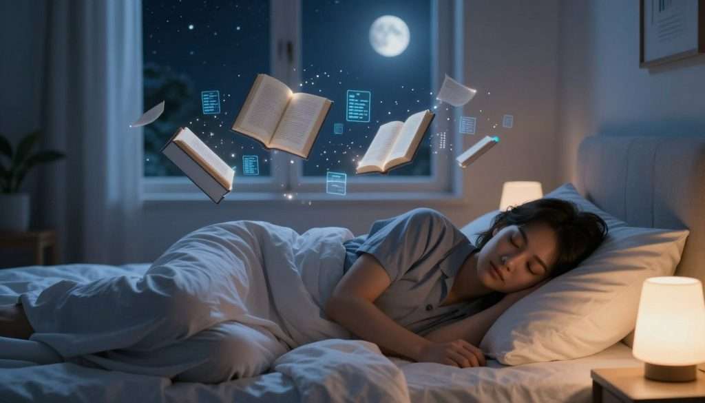 A serene bedroom scene at night, capturing the profound tranquility of sleep as a powerful force for learning. In the foreground, a peaceful person in professional sleep attire is resting comfortably on a soft pillow, surrounded by gentle, glowing light emitted from a bedside lamp, symbolizing the warmth of knowledge. The middle ground features floating, ethereal representations of books and digital data points, softly illuminated and gently swirling around the sleeper, embodying the consolidation of new information during rest. In the background, a window shows a starry night sky, with a faint moon casting a calming light across the scene. The mood is peaceful and soothing, evoking a sense of calmness and the transformative magic of sleep. The perspective is from a slightly elevated angle, allowing a clear view of the entire composition. A serene bedroom scene at night, capturing the profound tranquility of sleep as a powerful force for learning. In the foreground, a peaceful person in professional sleep attire is resting comfortably on a soft pillow, surrounded by gentle, glowing light emitted from a bedside lamp, symbolizing the warmth of knowledge. The middle ground features floating, ethereal representations of books and digital data points, softly illuminated and gently swirling around the sleeper, embodying the consolidation of new information during rest. In the background, a window shows a starry night sky, with a faint moon casting a calming light across the scene. The mood is peaceful and soothing, evoking a sense of calmness and the transformative magic of sleep. The perspective is from a slightly elevated angle, allowing a clear view of the entire composition.