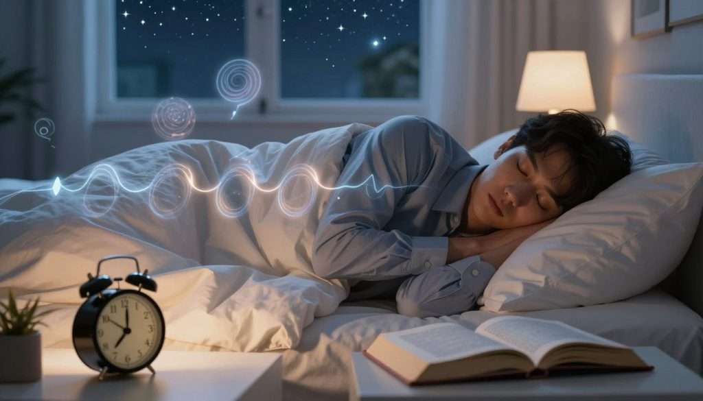 A serene bedroom scene at twilight, softly illuminated by a warm bedside lamp, showcasing a person in professional business attire peacefully asleep under a cozy blanket. In the foreground, a clock displays an ideal bedtime, while a book on memory lies open on the nightstand, symbolizing study and knowledge. The middle layer features a faint, ethereal overlay of spiraling, luminous biological rhythms, subtly merging with dream-like imagery of floating memories and thoughts. The background shows a window revealing a tranquil night sky filled with stars, suggesting the importance of sleep cycles. The overall mood is calm and contemplative, emphasizing the connection between restful sleep and cognitive recall, with soft, inviting colors to create a peaceful atmosphere. A serene bedroom scene at twilight, softly illuminated by a warm bedside lamp, showcasing a person in professional business attire peacefully asleep under a cozy blanket. In the foreground, a clock displays an ideal bedtime, while a book on memory lies open on the nightstand, symbolizing study and knowledge. The middle layer features a faint, ethereal overlay of spiraling, luminous biological rhythms, subtly merging with dream-like imagery of floating memories and thoughts. The background shows a window revealing a tranquil night sky filled with stars, suggesting the importance of sleep cycles. The overall mood is calm and contemplative, emphasizing the connection between restful sleep and cognitive recall, with soft, inviting colors to create a peaceful atmosphere.