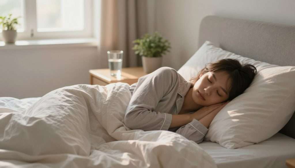 A serene bedroom scene showcasing the importance of sleep and physical health in enhancing memory. In the foreground, a cozy bed with soft, inviting bedding is dressed in calm colors. A sleeping individual, dressed in modest pajamas, is nestled under a blanket, symbolizing rejuvenation. In the middle ground, a bedside table with a glass of water and a small potted plant represents hydration and vitality. The background features a softly lit window, with morning sunlight casting gentle rays into the room, creating a warm atmosphere. The overall mood is tranquil and peaceful, evoking a sense of restorative sleep and well-being. Use soft focus to emphasize the calming environment, with a slight bokeh effect on distant objects.