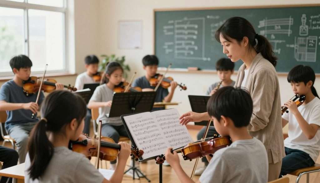 A serene classroom environment designed for music education, featuring a diverse group of students focused on their instruments and sheet music. In the foreground, a music teacher guides a student, showcasing techniques for managing complex scores, with expressive body language reflecting engagement. In the middle ground, various instruments like violins, flutes, and keyboards are arranged, while students collaborate in small groups, deep in discussion. The background reveals a chalkboard filled with music theory notes and diagrams demonstrating organization strategies, subtly illuminated by soft, natural light streaming through large windows. The atmosphere conveys inspiration, focus, and a sense of overcoming challenges in learning, captured with a warm color palette and a gentle, inviting lens perspective.